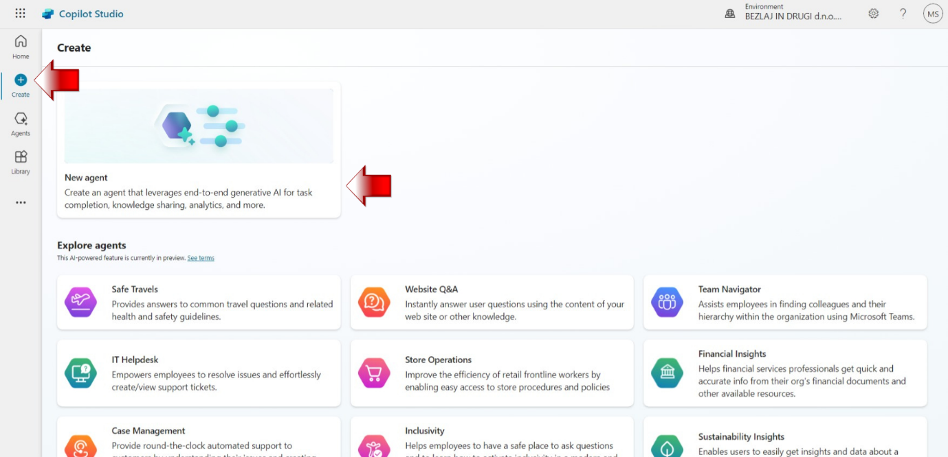 Začetni korak pri ustvarjanju novega Copilot Agenta.