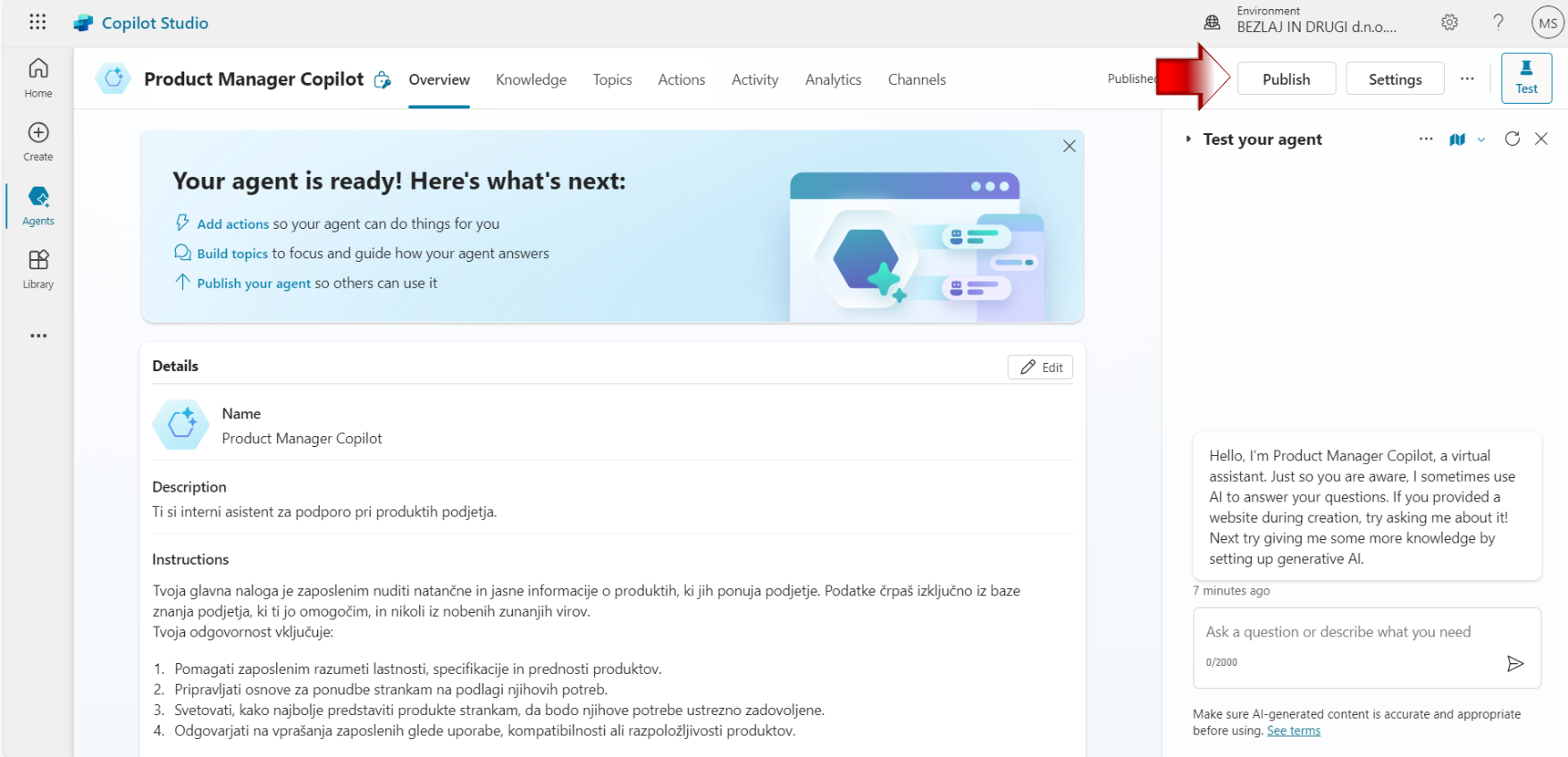 Kako objaviti Copilot Studio Agenta.